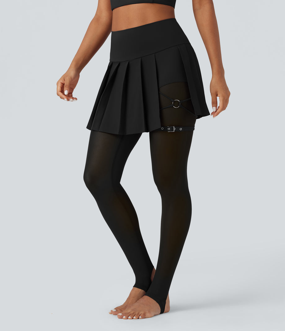 Breezeful™ High Waisted Pleated 2-in-1 Contrast Mesh Quick Dry Dance Stirrup Skirted Leggings with Pockets - Black