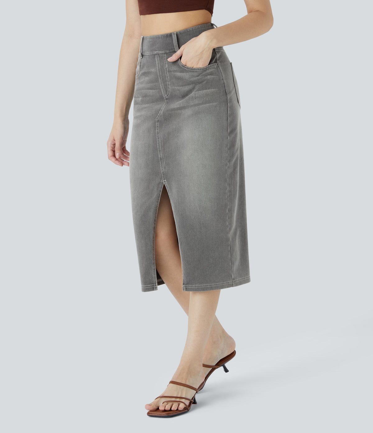 Halara Flex™ High Waisted Pockets Bodycon Washed Denim Casual Midi Skirt - Black Iron Gray Denim