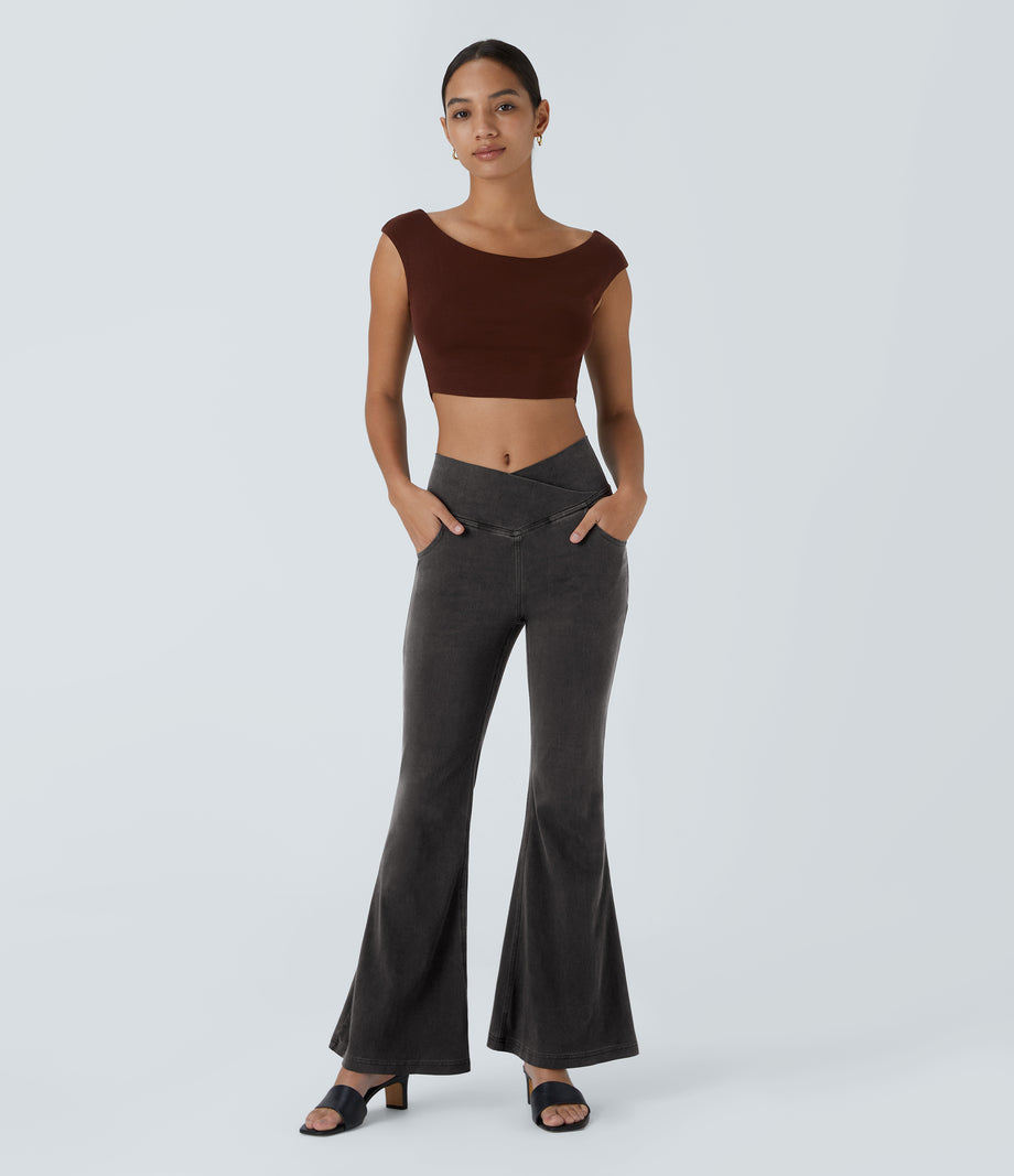 Halara Flex™ High Waisted Crossover Pocket Washed Casual Jeans - Hemp Rope Black Denim
