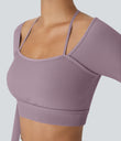 Ribbed Halter Strap Thumb Hole Cropped Yoga Sports Top - Fragrant Purple