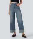 Halara Flex™ High Waisted Pockets Rolled Hem Wide Leg Washed Casual Jeans - Blue Surf Denim