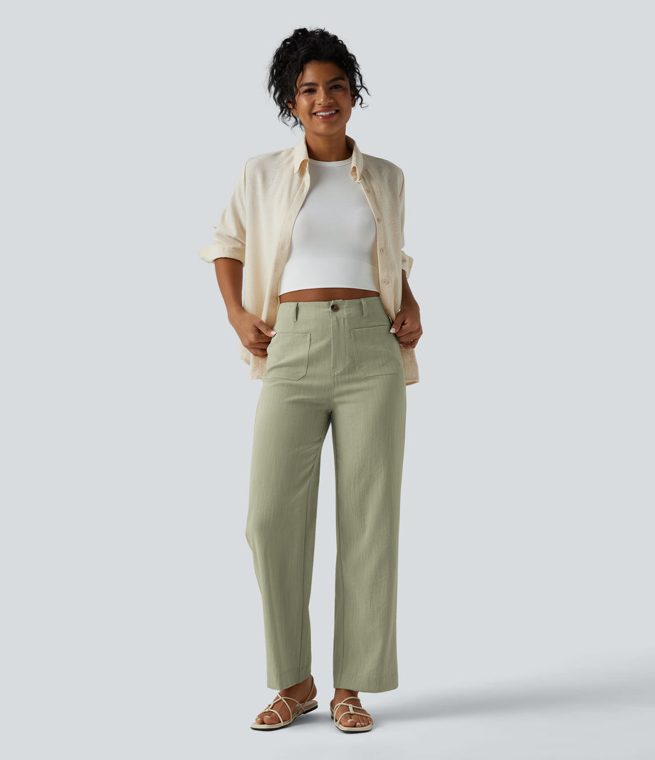 High Waisted Straight Leg Casual Linen-Feel Pants with Pockets - Sunveil Cream Yellow