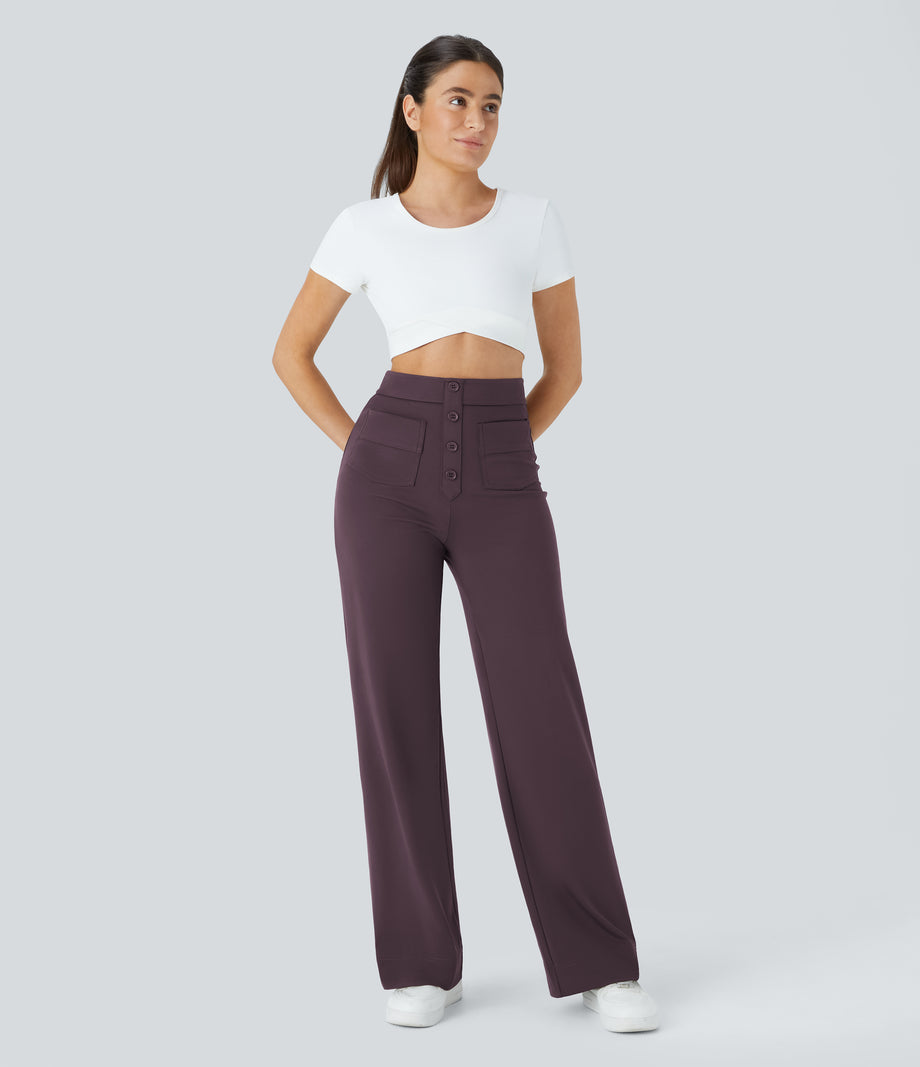 DayStretch High Waisted Pockets Straight Leg Casual Pants - Dusky Evening purple