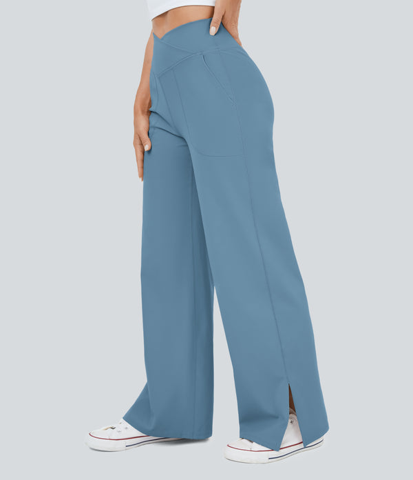 DayStretch Crossover Pocket Hem Wide Leg Yoga Pants-Smile - Light Azure