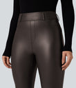 High Waisted Stretchy PU Fleece Casual Leggings with Pockets - Java