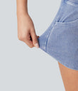 Halara Flex™ High Waisted Tummy Control Curved Hem Skinny Denim Casual Shorts with Pockets - Powder Blue Denim