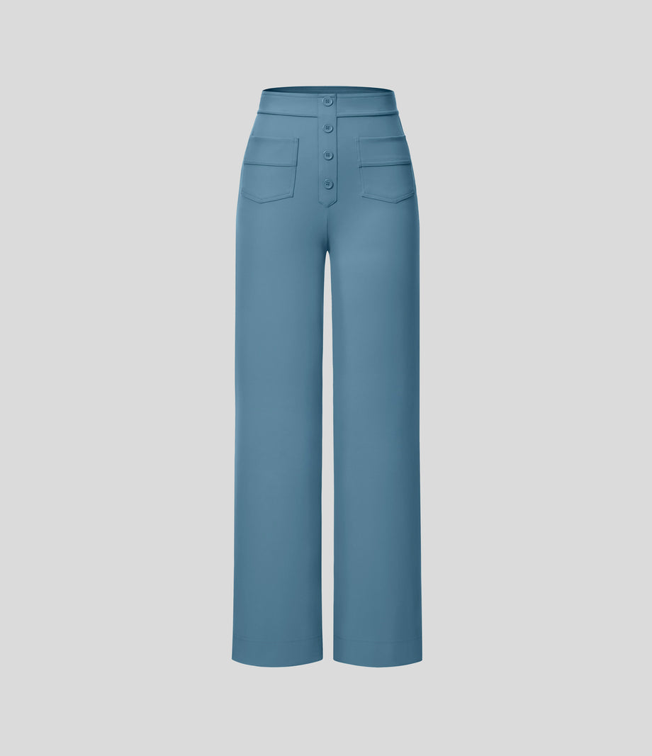 DayStretch High Waisted Pockets Straight Leg Casual Pants - Warm Mid Blue