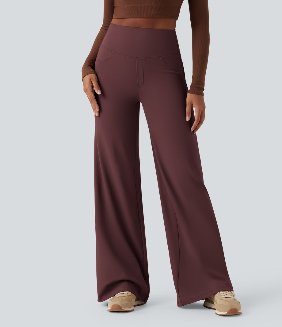 DayStretch High Waisted Tummy Control Wide Leg Baggy Yoga Pants with Pockets - Red Mahogany