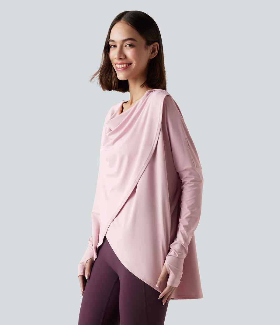 Hooded Cowl Neck Long Sleeve Thumb Hole Yoga Sports Top with Pockets - Pale Lilac