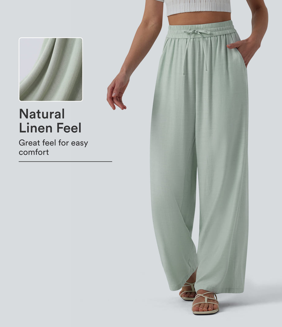 High Waisted Drawstring Wide Leg Casual Linen-Blend Pants with Pockets - Aqua Gray