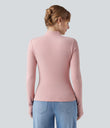 Mock-neck Long Sleeve Ruched Asymmetric Hem Thermal Casual Top - Dirty Pink