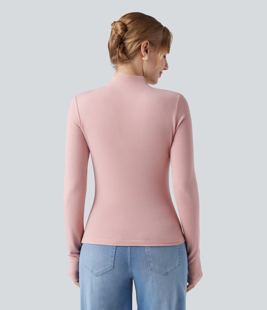 Mock-neck Long Sleeve Ruched Asymmetric Hem Thermal Casual Top - Dirty Pink