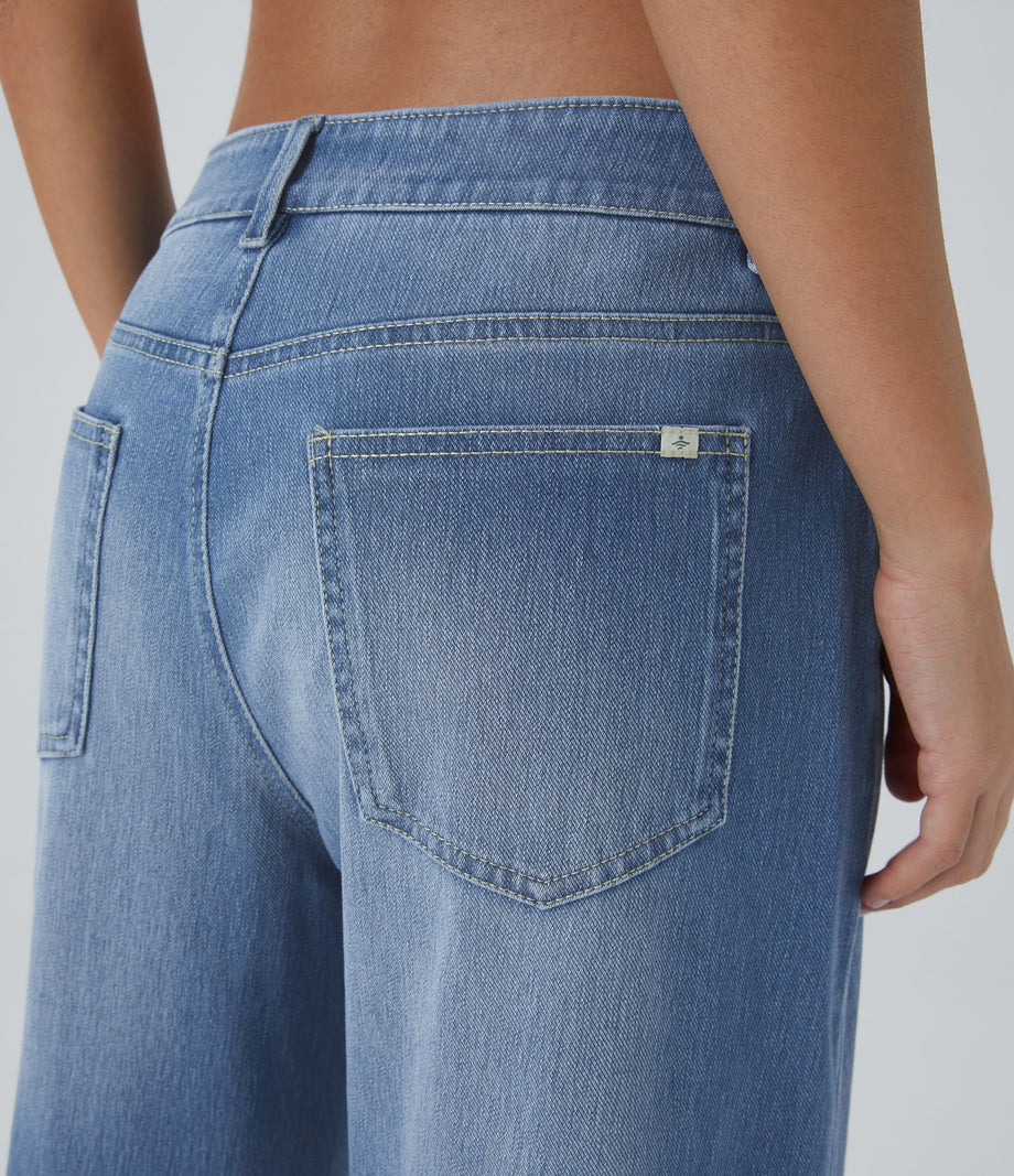 Halara Flex™ Low Rise Zipper Pockets Washed Baggy Wide Leg Casual Jeans - Blue Spruce Denim
