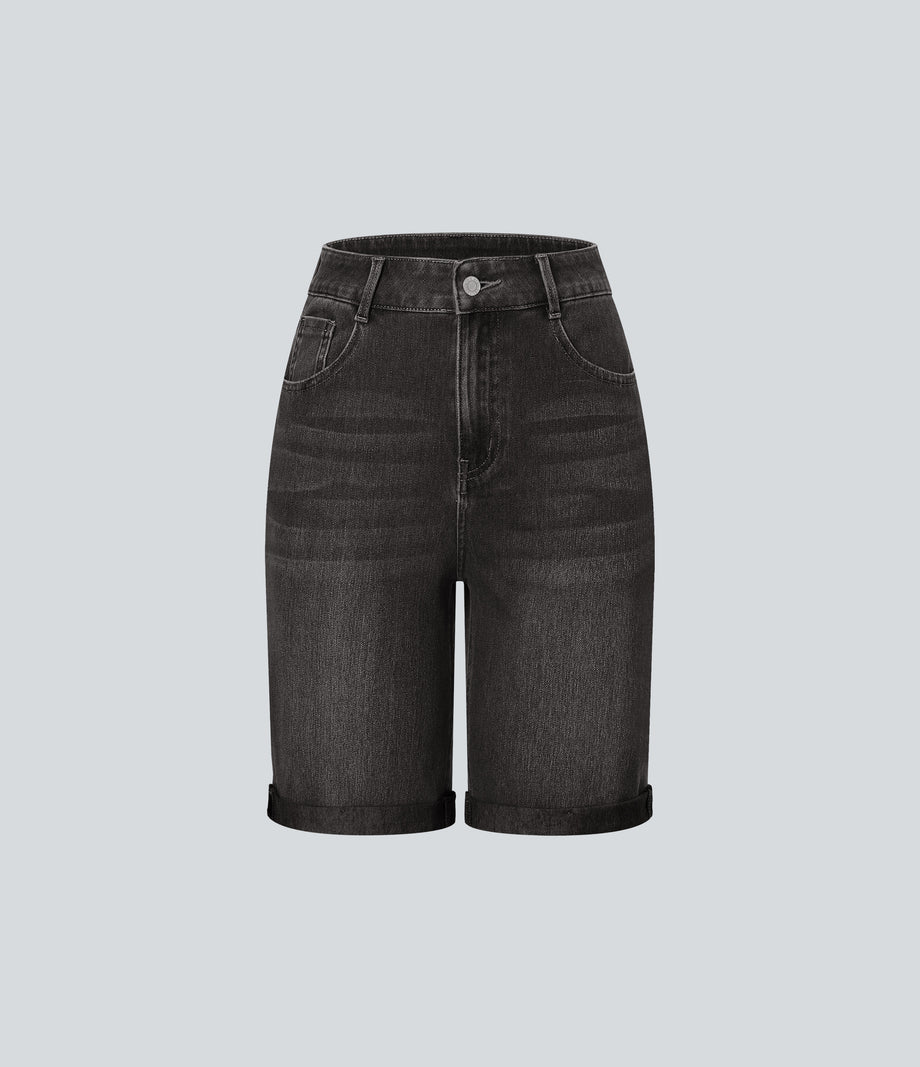 Halara Flex™ High Waisted Pockets Rolled Hem Washed Denim Casual Bermuda Shorts - Phantom Denim