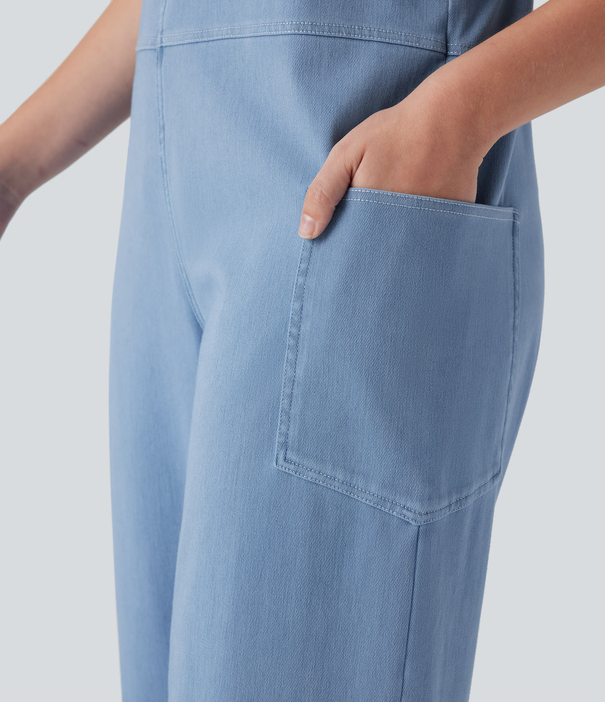 Halara Flex™ V Neck Pocket Washed Denim Casual Overalls - Campanula Blue Denim