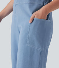 Halara Flex™ V Neck Pocket Washed Denim Casual Overalls - Campanula Blue Denim
