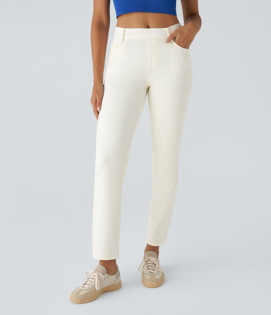 Halara Flex™ High Waisted Pockets Straight Leg Washed Casual Jeans - Beige Denim