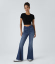 Halara Flex™ High Waisted Crossover Pocket Washed Casual Flare Jeans - Royal Blue Denim