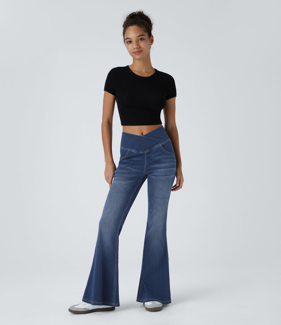 Halara Flex™ High Waisted Crossover Pocket Washed Casual Flare Jeans - Royal Blue Denim