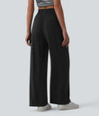 High Waisted Drawstring Wide Leg Casual Linen-Blend Pants with Pockets - Black