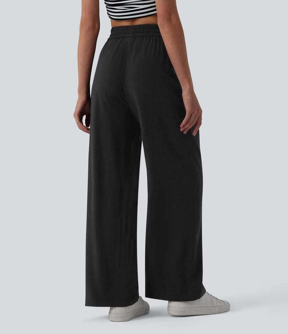 High Waisted Drawstring Wide Leg Casual Linen-Blend Pants with Pockets - Black