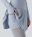 Breezeful™ High Waisted Pleated 2-in-1 Contrast Mesh Quick Dry Dance Stirrup Skirted Leggings with Pockets - Ballad Blue