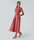 Breezeful™ V Neck Short Sleeve Pocket Tie Back Quick Dry Midi Casual Dress-Longer Length - Kapok Red