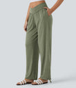 Crossover High Waisted Pocket Drawstring Casual Joggers - Light Green Floral Yarn