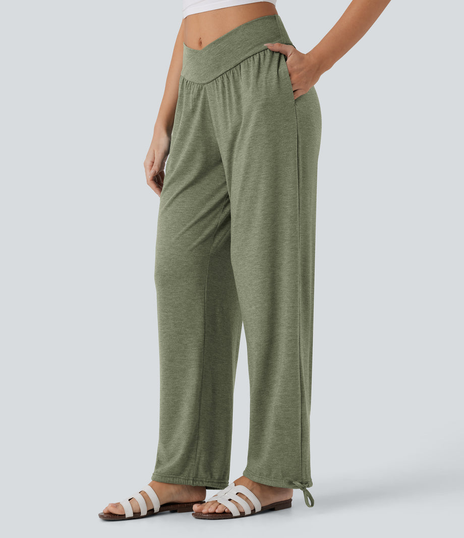 Crossover High Waisted Pocket Drawstring Casual Joggers - Light Green Floral Yarn