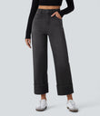 Halara Flex™ High Waisted Pockets Rolled Hem Wide Leg Washed Casual Jeans - Deep Ink Black Denim