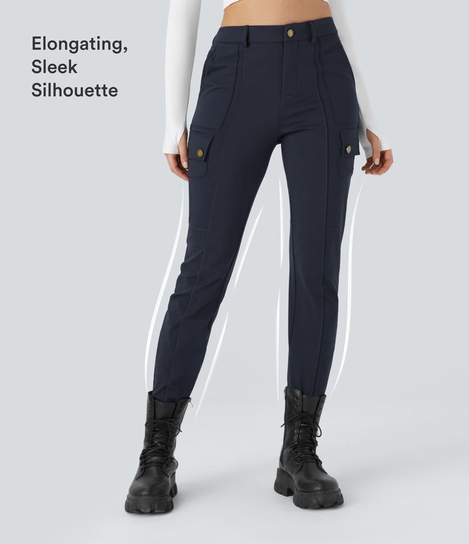 DayStretch High Waisted Zipper Pockets Solid Skinny Cargo Pants - Midnight Blue