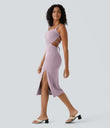 Ruched Lace Up Bodycon Midi Casual Dress - Pink Purple