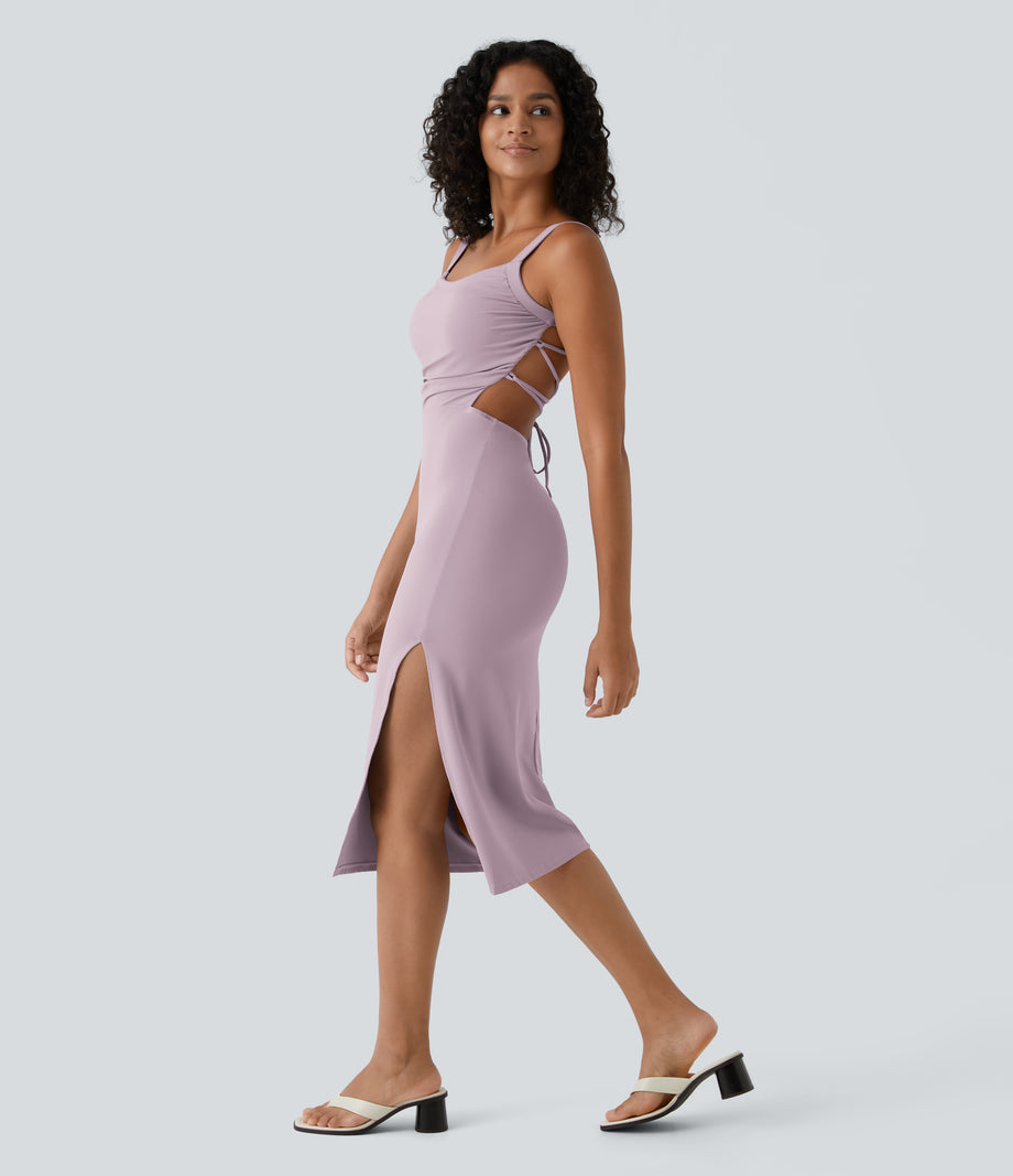 Ruched Lace Up Bodycon Midi Casual Dress - Pink Purple