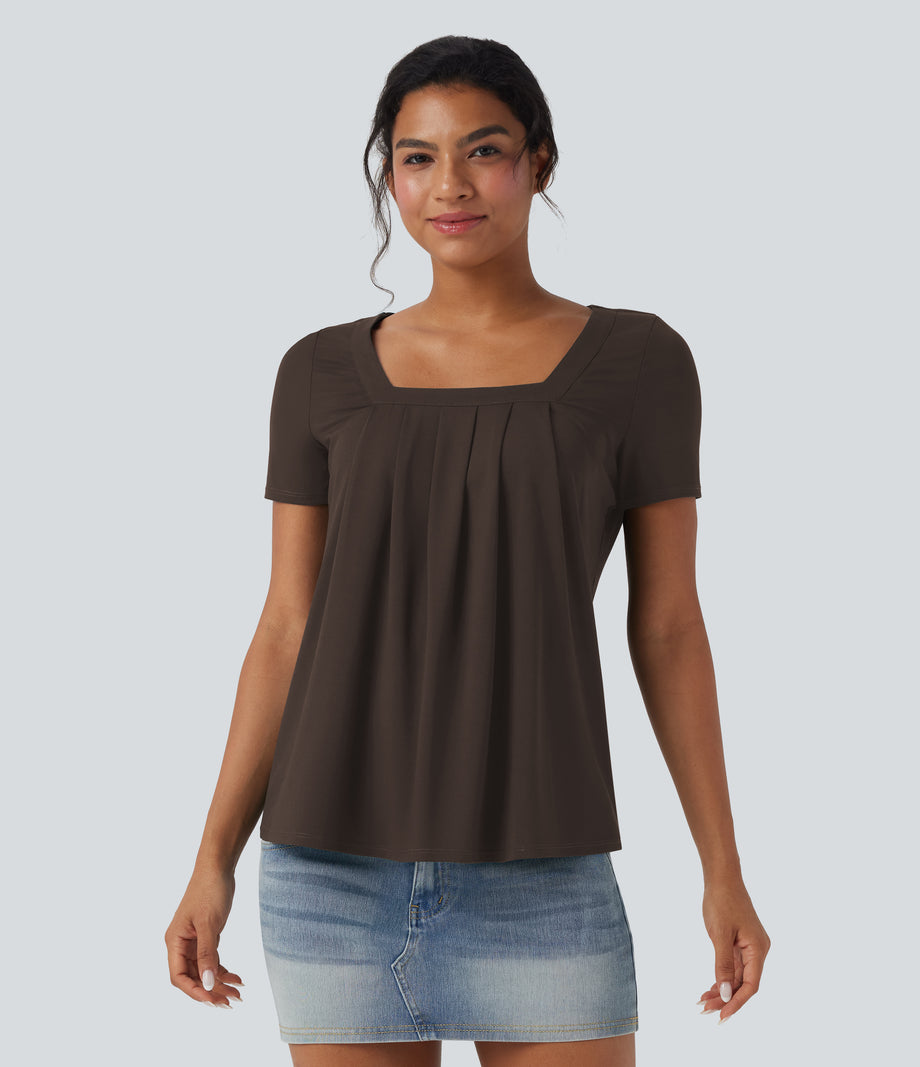 Square Neck Short Sleeve Casual Top - Delicioso
