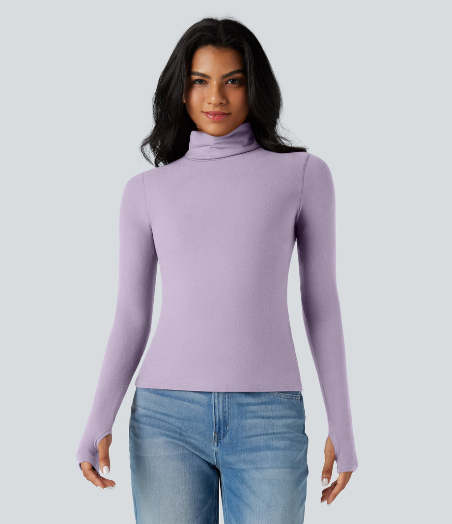 Halara HeatCore Turtleneck Long Sleeve Thumb Hole Casual Warming Top - Misty Purple