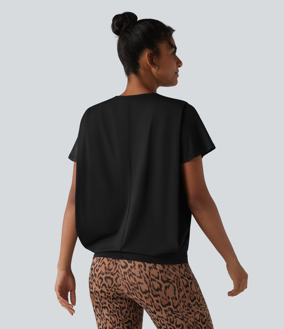 Round Neck Short Sleeve Ruched Cool Touch Yoga Sports Top-UPF50+ - Black