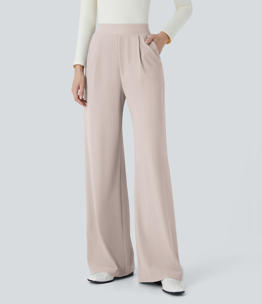 Halara Flex™ High Waisted Body Sculpt Waist-Slimming Pocket Wide Leg Micro Waffle Work Pants - Oat Milk