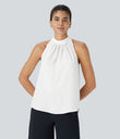 Keyhole Back Halter Sleeveless Curved Hem Work Blouse - Fish Belly White