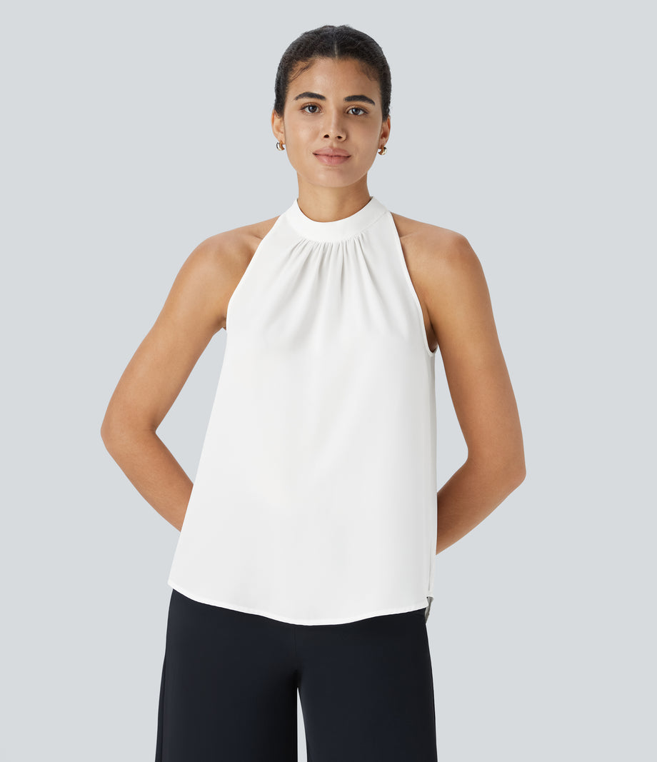 Keyhole Back Halter Sleeveless Curved Hem Work Blouse - Fish Belly White