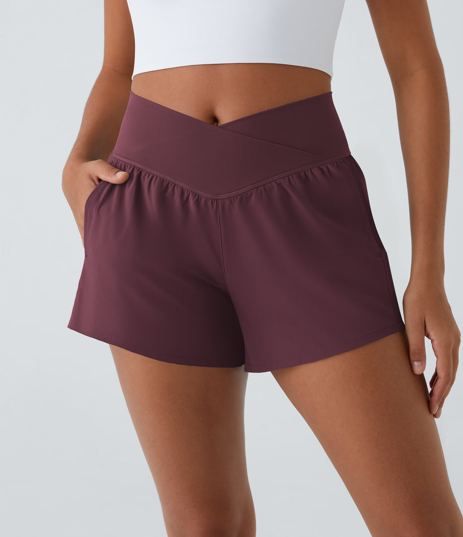 Breezeful™ High Waisted Crossover Pocket 2-in-1 Quick Dry Yoga Shorts 4" - Amaranth
