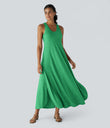 U Neck Flowy Maxi Casual Tank Dress - Dewleaf Green