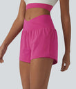 SoftlyZero™ Airy Crossover High Waisted 2-in-1 Cool Touch Yoga Shorts 3'' with Pockets - Fuchsia Fedora