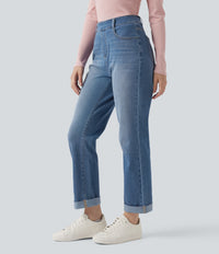 Halara Flex™ High Waisted Rolled Hem Casual Slim Jeans with Pockets -  Blue Jasper Denim