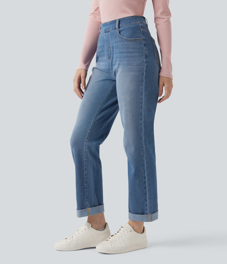 Halara Flex™ High Waisted Rolled Hem Casual Slim Jeans with Pockets -  Blue Jasper Denim