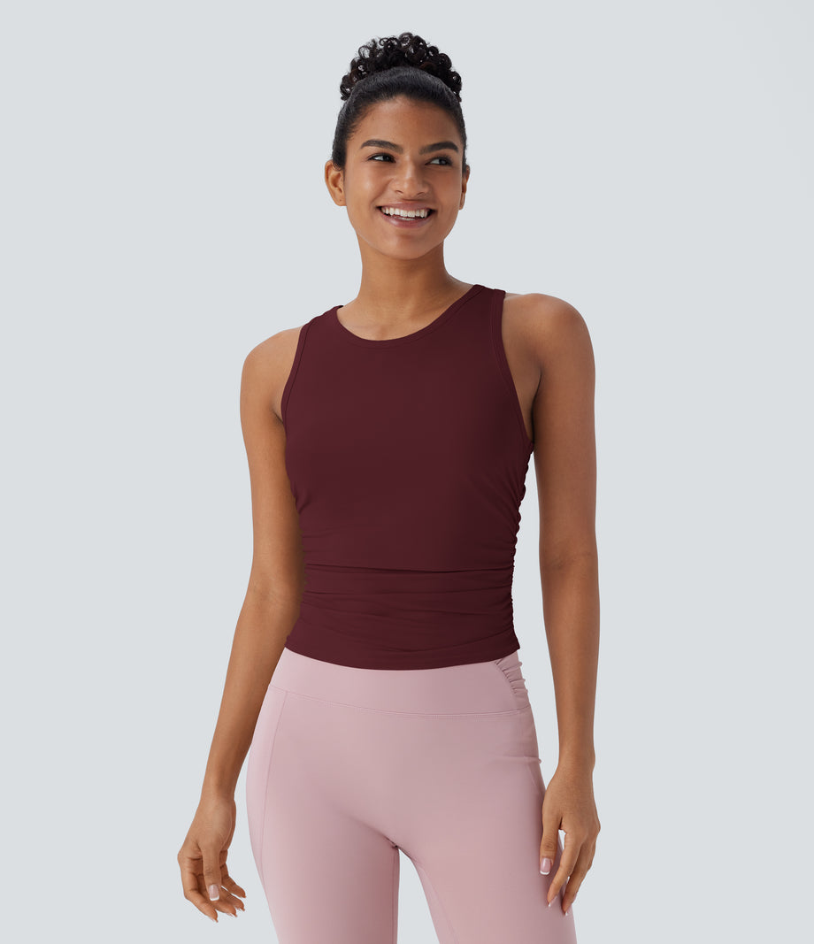 Round Neck Racerback Ruched Yoga Tank Top - Zinfandel