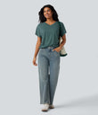 V-neck Short Sleeve Ruched Relaxed Casual Top - Jade Green Floral Yarn