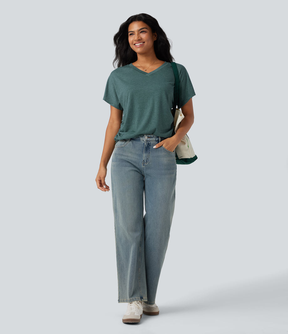 V-neck Short Sleeve Ruched Relaxed Casual Top - Jade Green Floral Yarn