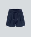 High Waisted Elastic Waistband Drawstring Pleated Yoga Shorts 3" with Pockets - Night Blue