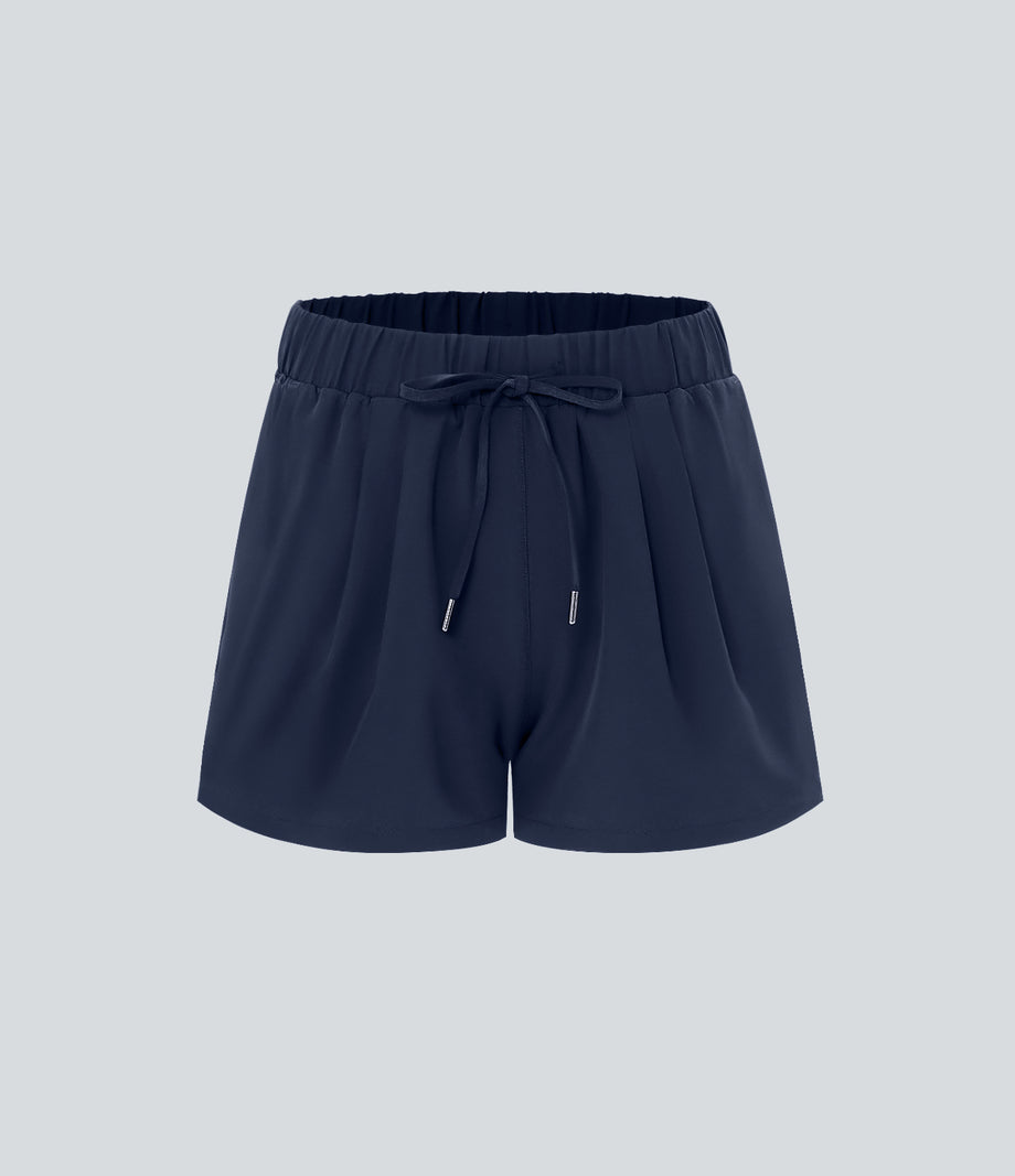 High Waisted Elastic Waistband Drawstring Pleated Yoga Shorts 3" with Pockets - Night Blue
