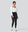 High Waisted Tummy Control Stretchy PU Fleece 7/8 Skinny Casual Leggings with Pockets - Black